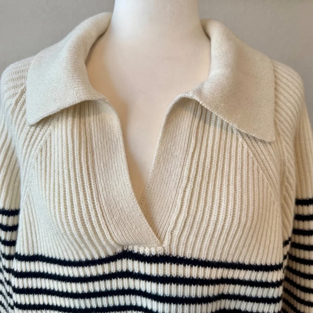 Tory Burch Striped 100% Wool‎ Open Collar Sweater Collared Women's Size L